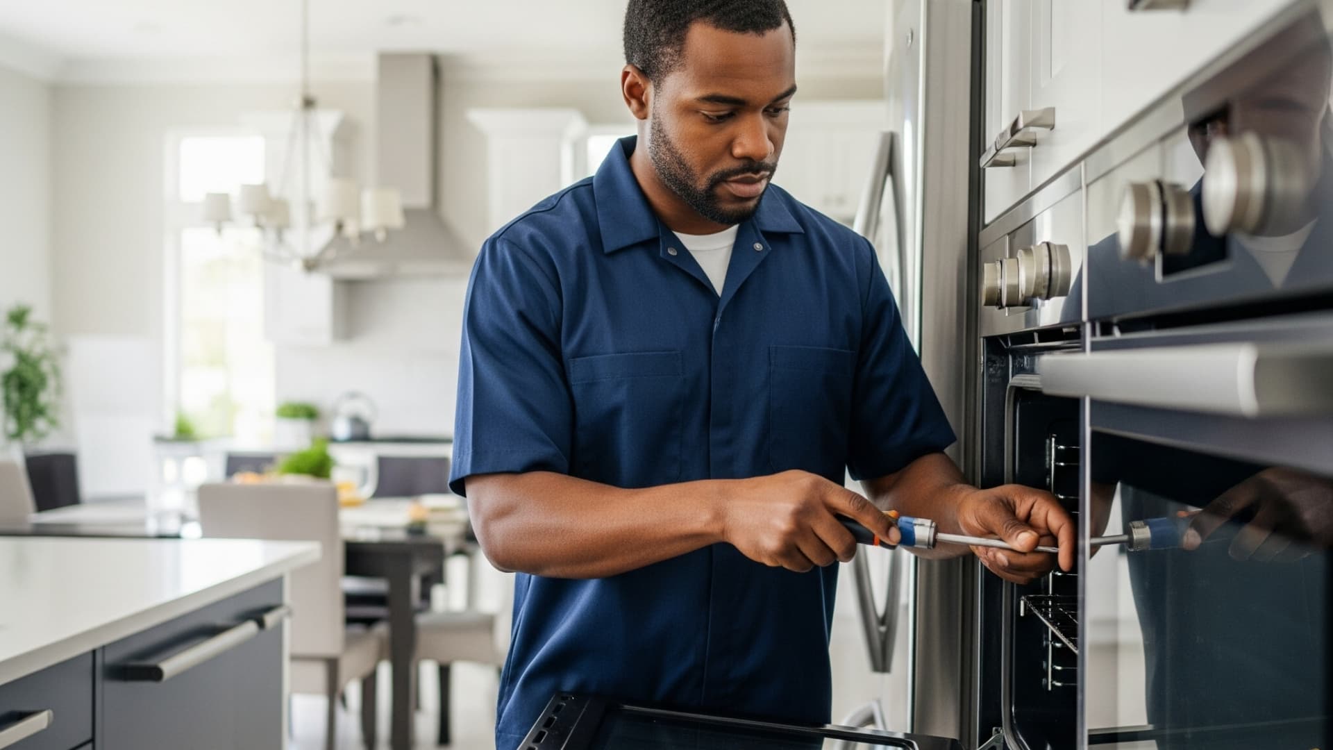 Technician in a blue shirt repairing an oven in a modern kitchen