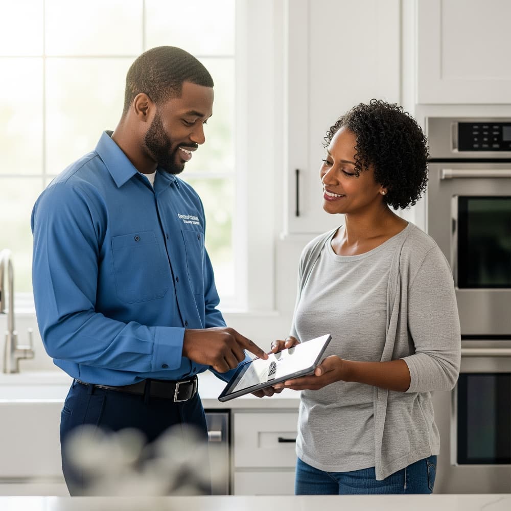 Smiling technician with a toolbox, representing Queen City Appliance Service's reliable service